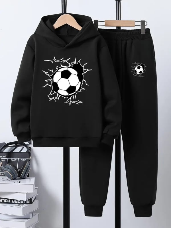 Комплект от 2 части за деца: худи с качулка и панталони със футболен принт, полиестер с поларена подплата, дълъг ръкав, есенен модел