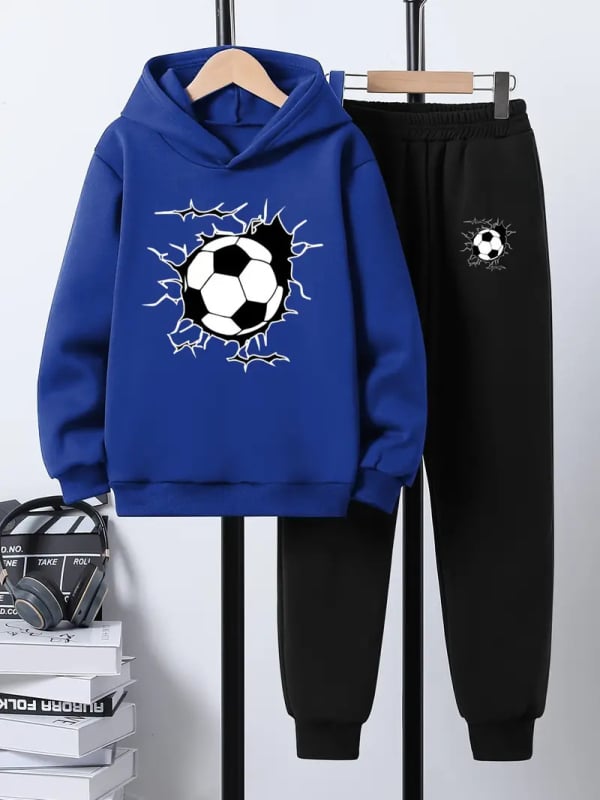 Комплект от 2 части за деца: худи с качулка и панталони със футболен принт, полиестер с поларена подплата, дълъг ръкав, есенен модел