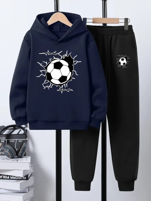 Комплект от 2 части за деца: худи с качулка и панталони със футболен принт, полиестер с поларена подплата, дълъг ръкав, есенен модел