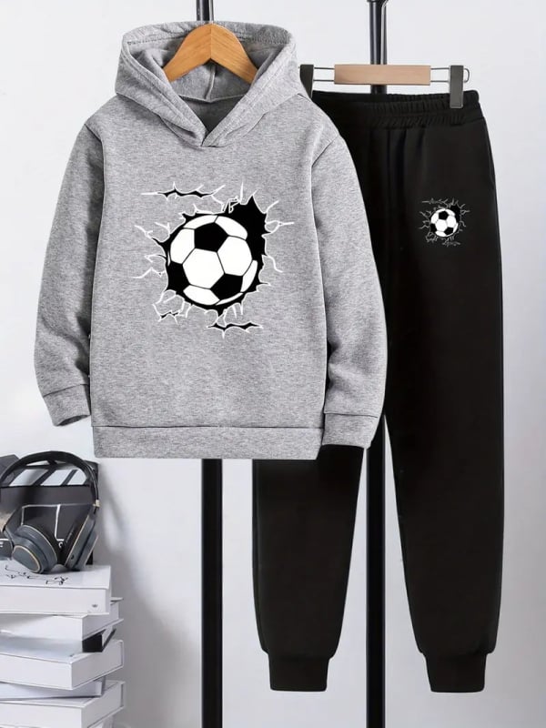 Комплект от 2 части за деца: худи с качулка и панталони със футболен принт, полиестер с поларена подплата, дълъг ръкав, есенен модел