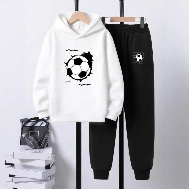 Комплект от 2 части за деца: худи с качулка и панталони със футболен принт, полиестер с поларена подплата, дълъг ръкав, есенен модел