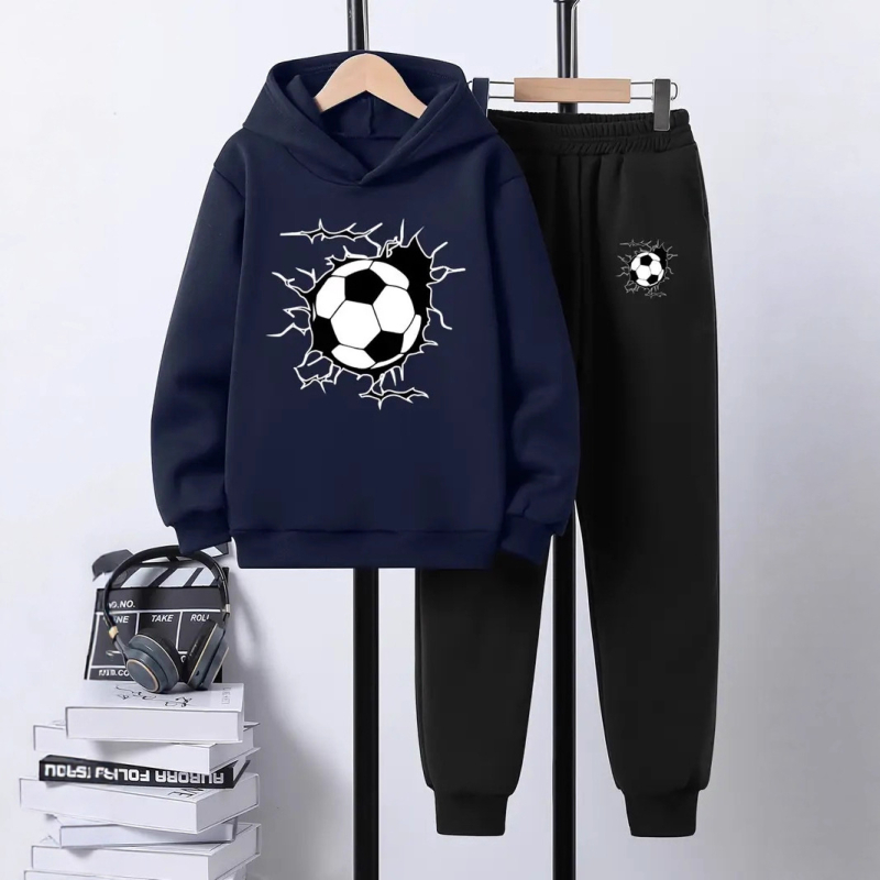 Комплект от 2 части за деца: худи с качулка и панталони със футболен принт, полиестер с поларена подплата, дълъг ръкав, есенен модел