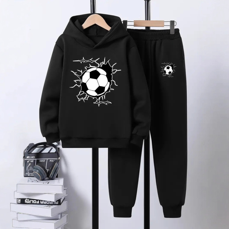Комплект от 2 части за деца: худи с качулка и панталони със футболен принт, полиестер с поларена подплата, дълъг ръкав, есенен модел