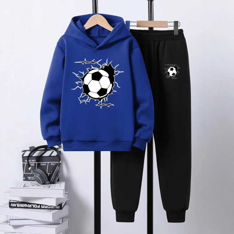 Комплект от 2 части за деца: худи с качулка и панталони със футболен принт, полиестер с поларена подплата, дълъг ръкав, есенен модел