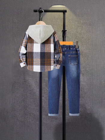 Laste kaksos osaline komplekt: kapuutsiga pikkade varrukatega ruuduline särk ja sirged teksad, pehme töötlusega kangas, kevad–sügis