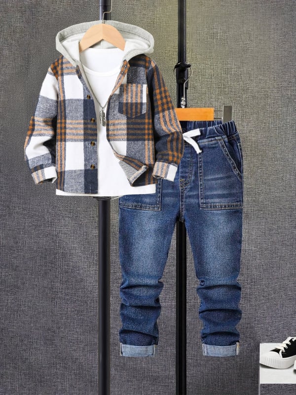 Laste kaksos osaline komplekt: kapuutsiga pikkade varrukatega ruuduline särk ja sirged teksad, pehme töötlusega kangas, kevad–sügis