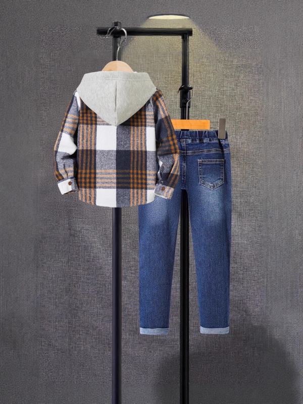 Laste kaksos osaline komplekt: kapuutsiga pikkade varrukatega ruuduline särk ja sirged teksad, pehme töötlusega kangas, kevad–sügis