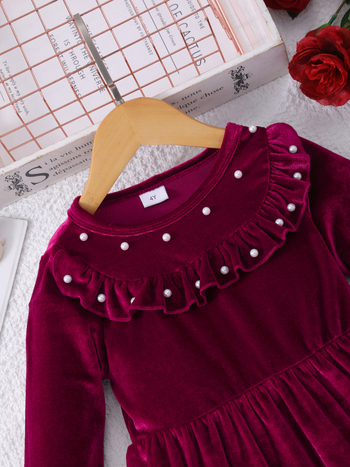 Детска рокля за принцеса от велур с перлени украси, голяма пола, средна дължина, за деца 3–8 г