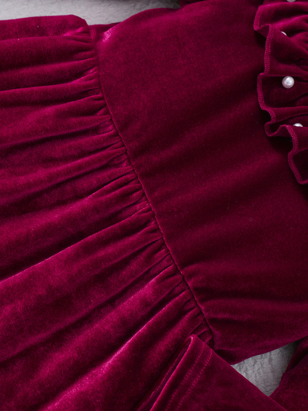 Детска рокля за принцеса от велур с перлени украси, голяма пола, средна дължина, за деца 3–8 г