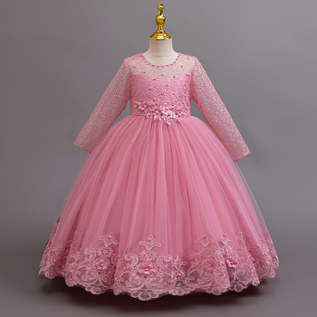Детска рокля с дълги ръкави, дантелена, принцес стил, за сватби и рождени дни, смес памук-полиестер, подплата