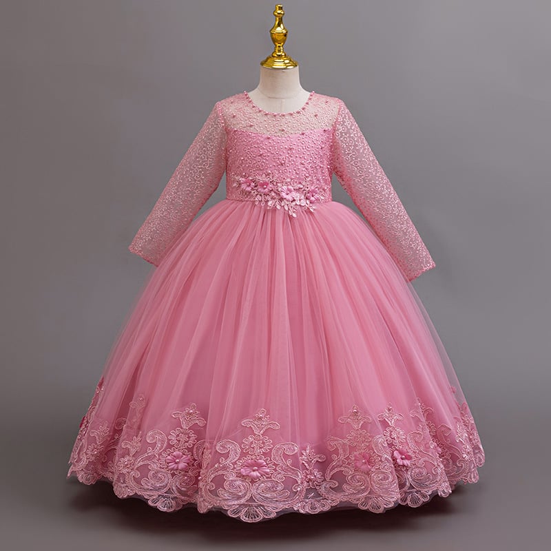 Детска рокля с дълги ръкави, дантелена, принцес стил, за сватби и рождени дни, смес памук-полиестер, подплата