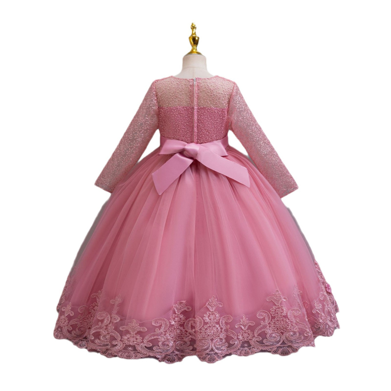 Детска рокля с дълги ръкави, дантелена, принцес стил, за сватби и рождени дни, смес памук-полиестер, подплата