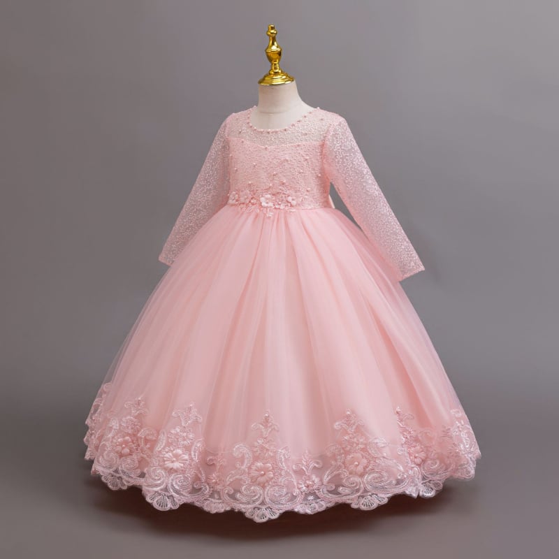 Детска рокля с дълги ръкави, дантелена, принцес стил, за сватби и рождени дни, смес памук-полиестер, подплата