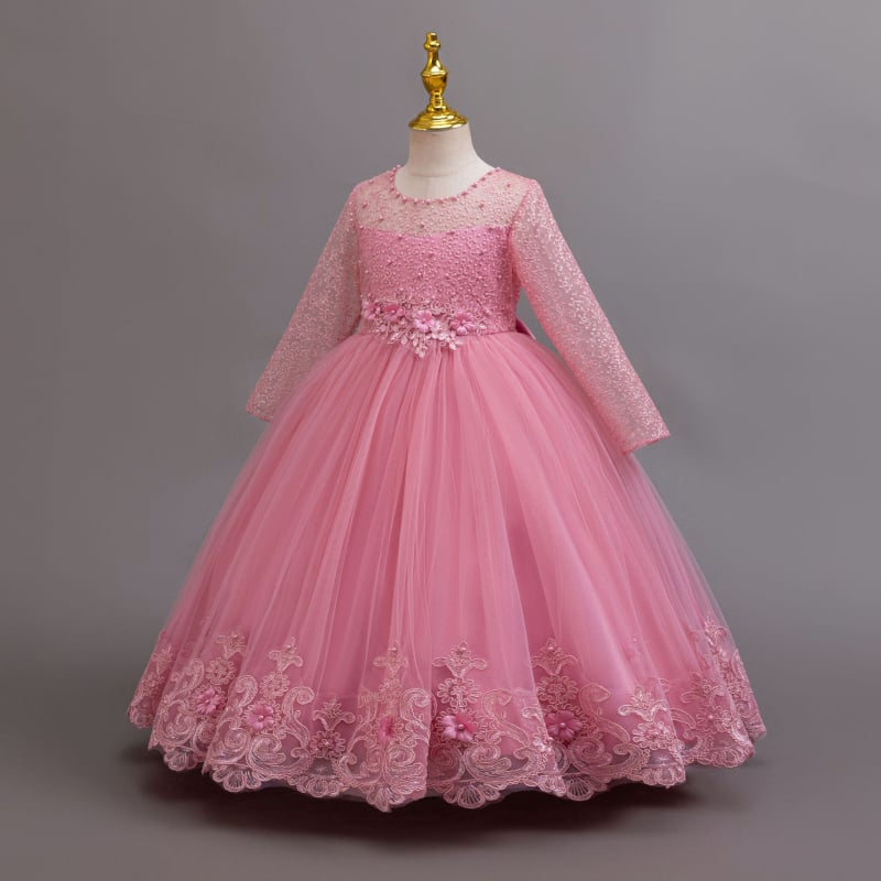 Детска рокля с дълги ръкави, дантелена, принцес стил, за сватби и рождени дни, смес памук-полиестер, подплата