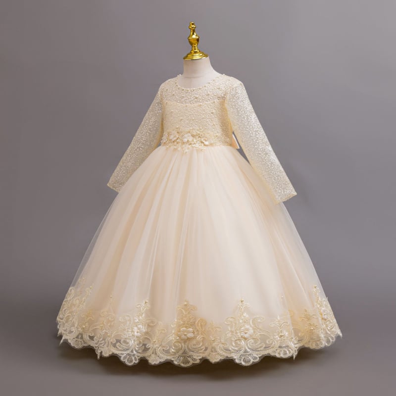 Детска рокля с дълги ръкави, дантелена, принцес стил, за сватби и рождени дни, смес памук-полиестер, подплата