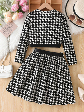 Tüdrukutele kaksikomponentne komplekt: pikkade käistega jakk ja seelik, houndstooth muster, 100% polüester, alates 8-aastastest, sügis