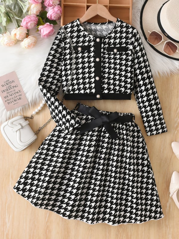 Tüdrukutele kaksikomponentne komplekt: pikkade käistega jakk ja seelik, houndstooth muster, 100% polüester, alates 8-aastastest, sügis