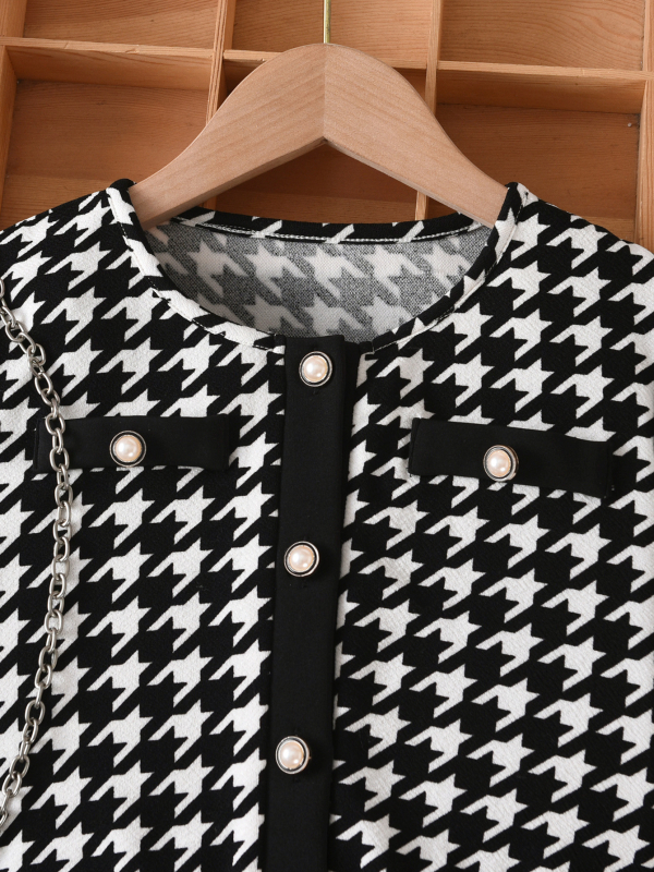 Tüdrukutele kaksikomponentne komplekt: pikkade käistega jakk ja seelik, houndstooth muster, 100% polüester, alates 8-aastastest, sügis