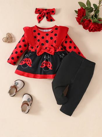 Kolmekomponentne laste kostüüm, karikatuurimuster, pikad varrukad, sügis-talv, piimase siidkanga, 100% polüester, lastele 0–1 aasta