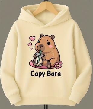 Детски суитшърт с качулка, корейски стил, с карикатурен принт, Lyocell-полиестер плат, за деца над 8 г (над 140 cm), подходящ за зима, пролет и есен.