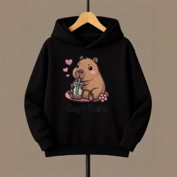 Детски суитшърт с качулка, корейски стил, с карикатурен принт, Lyocell-полиестер плат, за деца над 8 г (над 140 cm), подходящ за зима, пролет и есен.