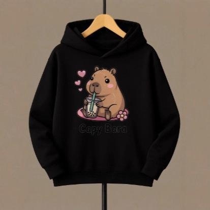 Детски суитшърт с качулка, корейски стил, с карикатурен принт, Lyocell-полиестер плат, за деца над 8 г (над 140 cm), подходящ за зима, пролет и есен.