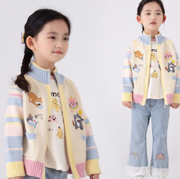 Детско плетено кардиган с цип, бродиран анимационен мотив, за момичета, 3–8 г, 100% полиестер, ежедневен стил, есенно–пролетен сезон 2025