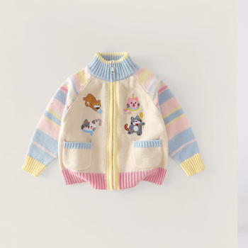 Детско плетено кардиган с цип, бродиран анимационен мотив, за момичета, 3–8 г, 100% полиестер, ежедневен стил, есенно–пролетен сезон 2025