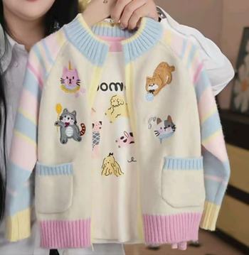 Детско плетено кардиган с цип, бродиран анимационен мотив, за момичета, 3–8 г, 100% полиестер, ежедневен стил, есенно–пролетен сезон 2025