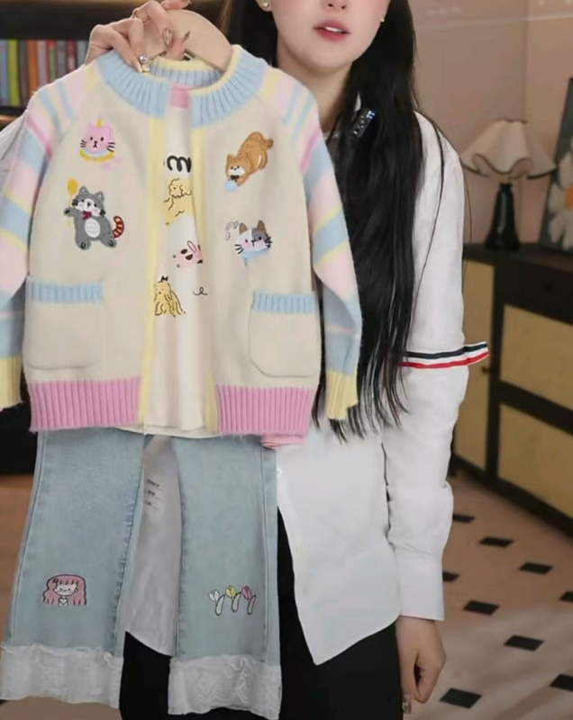 Κοριτσίστικη πλεκτή ζακέτα με φερμουάρ, κεντημένο μοτίβο με χαρακτήρες, για κορίτσια 3–8 ετών, 100% πολυεστέρας, καθημερινό φθινοπωρινό-ανοιξιάτικο στυλ 2025