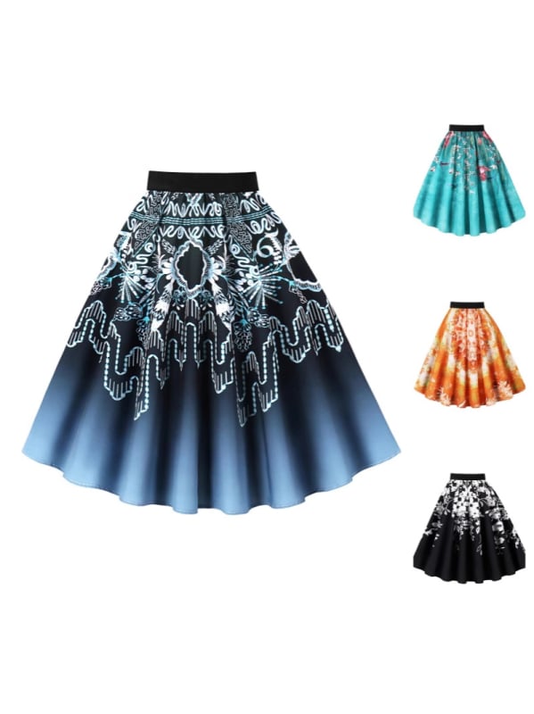 Пола А-линия с 3D шарка, дигитален печат, полиестер (95%+), средна дължина