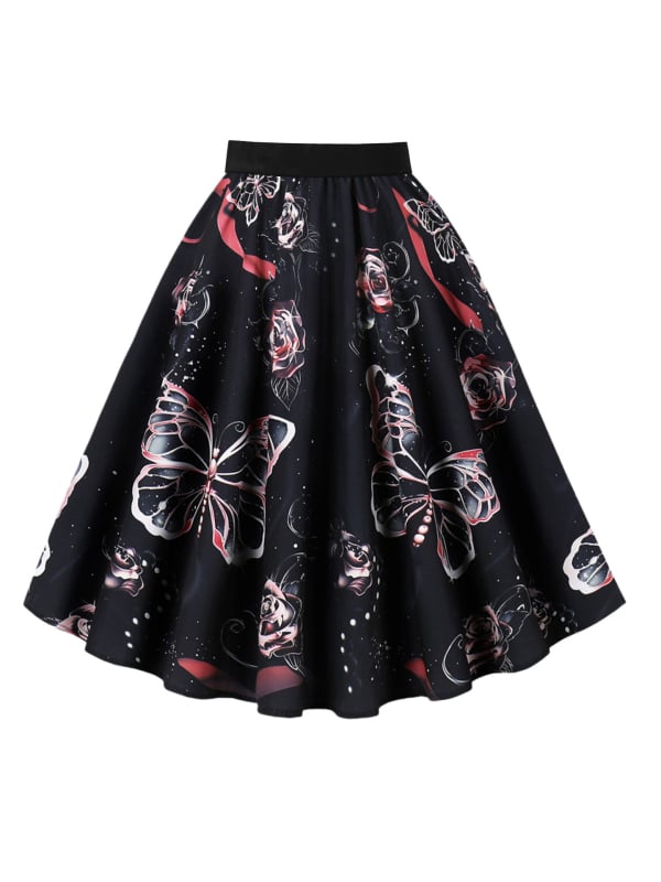 Пола А-линия с 3D шарка, дигитален печат, полиестер (95%+), средна дължина