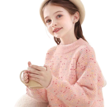 Детски зимен плетен пуловер за момичета, дълги ръкави, кръгла яка, модел точки