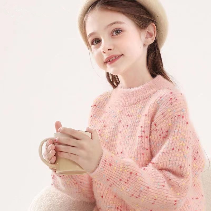 Детски зимен плетен пуловер за момичета, дълги ръкави, кръгла яка, модел точки