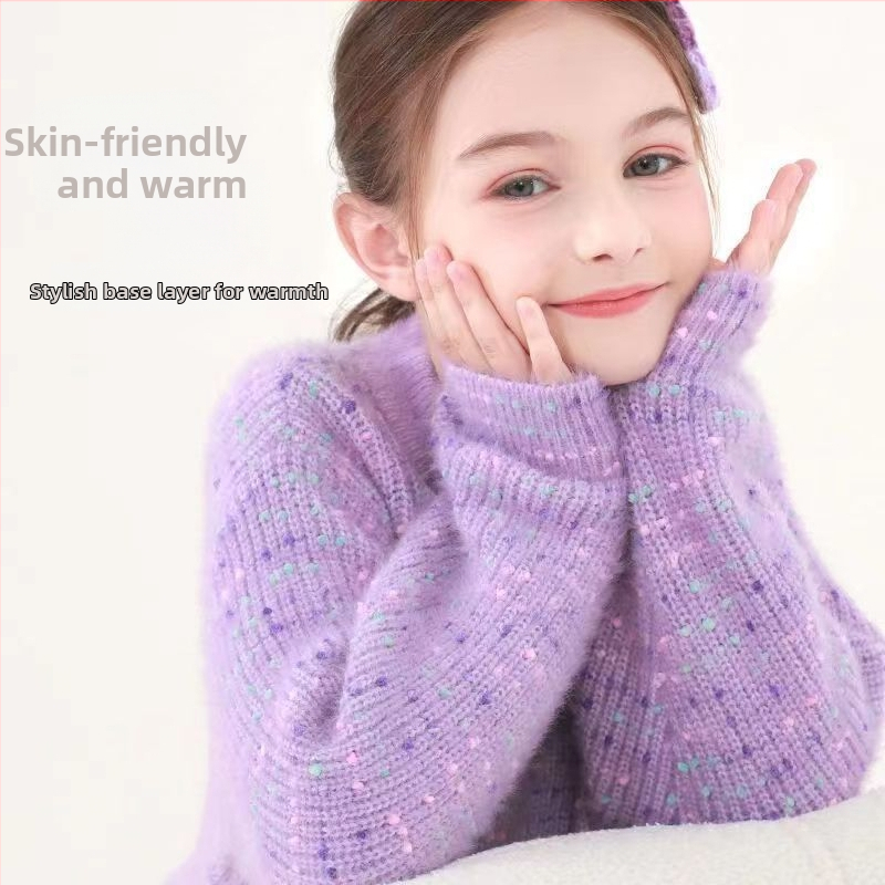 Tüdrukutele talvine kootud sviiter, pikkade varrukatega, ümara kaelusega, täppimustriga