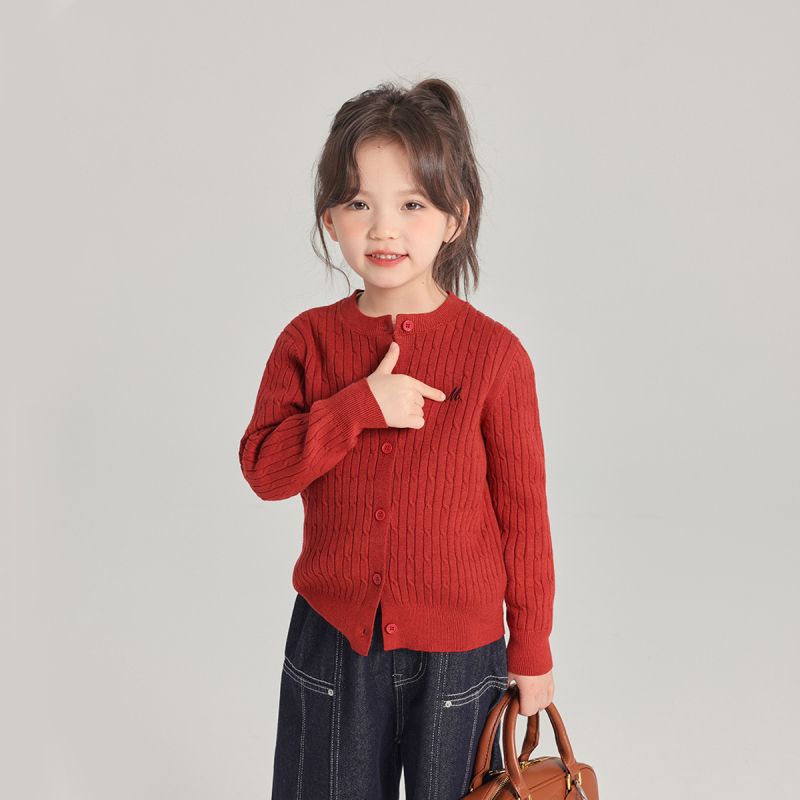 Детски плетен кардиган, кръгло деколте, дълги ръкави, закопчаване с едно редче копчета, едноцветен с букви, 70% полиестер, Пролет 2025