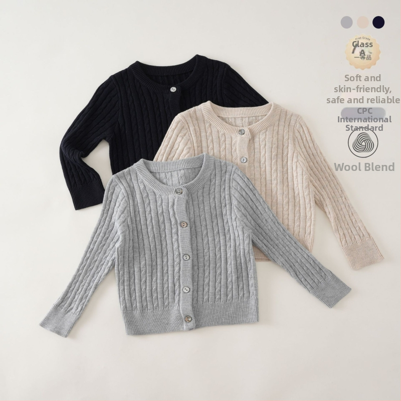 Laste villane džemper, Korea stiilis, ümmarguse kaelusega, ühe rea nuppudega, pikad varrukad