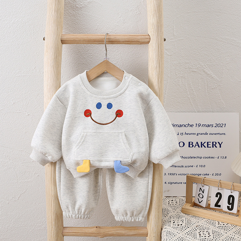 Unisex beebide kaheosaline komplekt: karikatuurmuster, puuvillane trikotaaž, pehme kangas, kevad-sügis, vanuserühm 1–3 aastat (80–100 cm), pikkade varrukatega tops + püksid