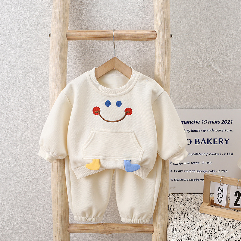 Unisex beebide kaheosaline komplekt: karikatuurmuster, puuvillane trikotaaž, pehme kangas, kevad-sügis, vanuserühm 1–3 aastat (80–100 cm), pikkade varrukatega tops + püksid