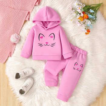 Laste kaheosaline komplekt kapuutsiga: top pikkade käistega ja püksid kassiprindiga, 100% polüester, pehme viimistlus, talve- ja kevadhooajaks