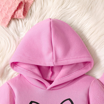 Laste kaheosaline komplekt kapuutsiga: top pikkade käistega ja püksid kassiprindiga, 100% polüester, pehme viimistlus, talve- ja kevadhooajaks