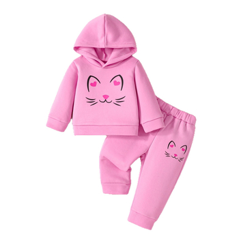 Laste kaheosaline komplekt kapuutsiga: top pikkade käistega ja püksid kassiprindiga, 100% polüester, pehme viimistlus, talve- ja kevadhooajaks