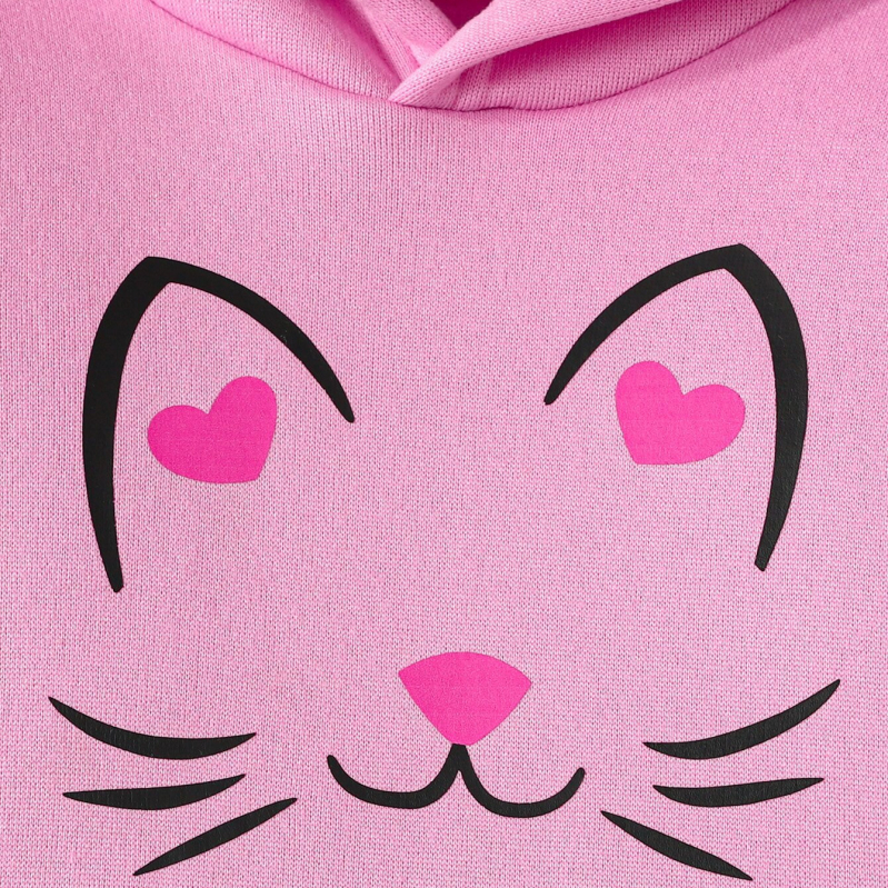 Laste kaheosaline komplekt kapuutsiga: top pikkade käistega ja püksid kassiprindiga, 100% polüester, pehme viimistlus, talve- ja kevadhooajaks