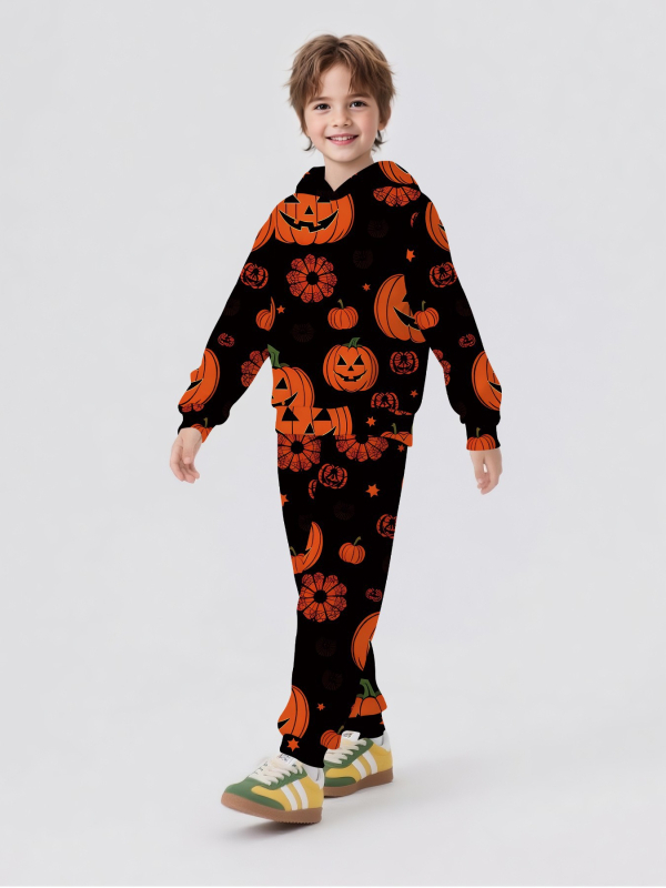 Детски спортен комплект с качулка – 2 части: суитшърт с дълги ръкави и панталони, памучна смес с 50-70% полиестер, за пролет и есен, за деца над 8 години.