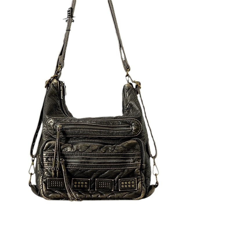 Винтидж мотоциклетна tote торба с голям капацитет, PU материал, лято 2024 лансиране, ципно отваряне, вътрешен джоб за телефон, подходяща за свободно пътуване