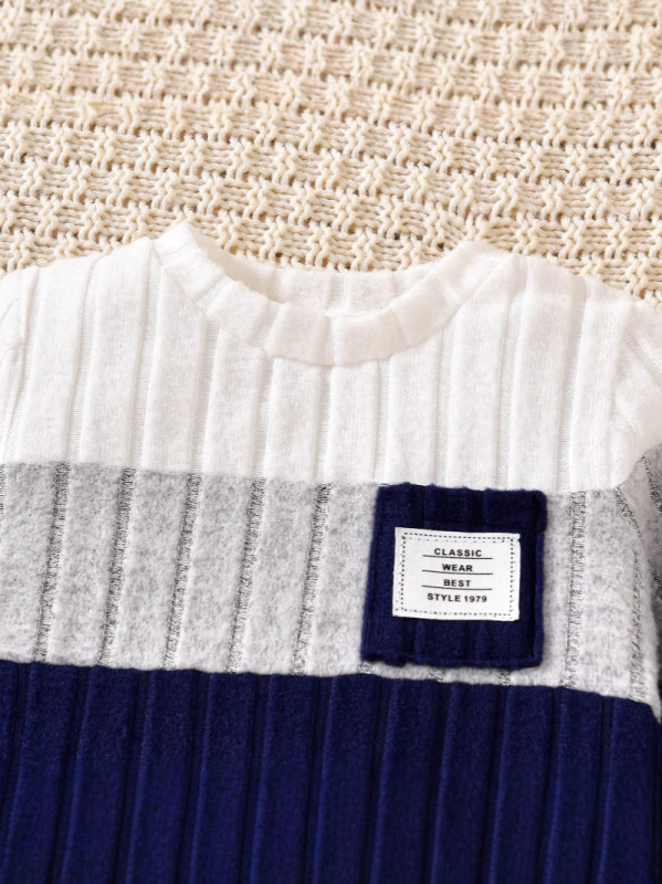 Ддетски двучастков трикотажен комплект с ивици и патчворк, дълъг ръкав топ и панталони, за деца 1–3 години (есен).