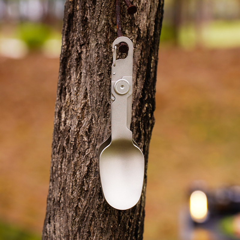 Изцяло титанови къмпингови прибори: сгъваема лъжичка и вилица с двойна глава