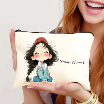 Козметична чанта, лен, принт с персонаж, разширяема и сгъваема, закопчаване с цип