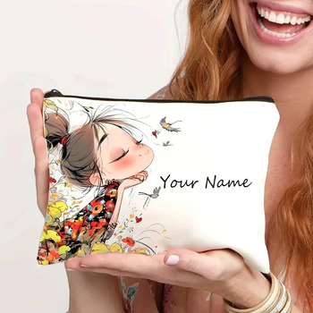 Козметична чанта, лен, принт с персонаж, разширяема и сгъваема, закопчаване с цип