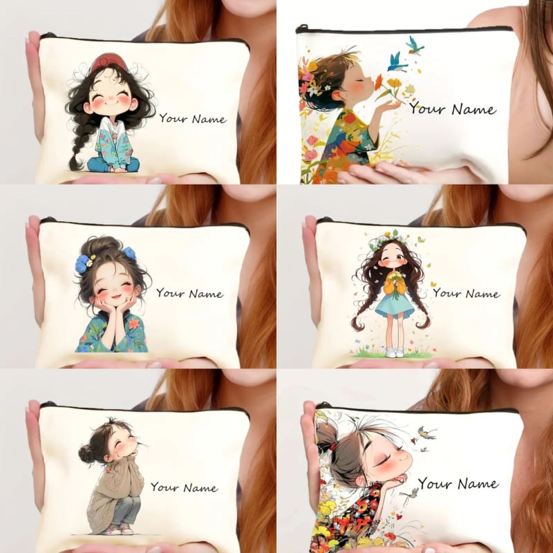 Козметична чанта, лен, принт с персонаж, разширяема и сгъваема, закопчаване с цип